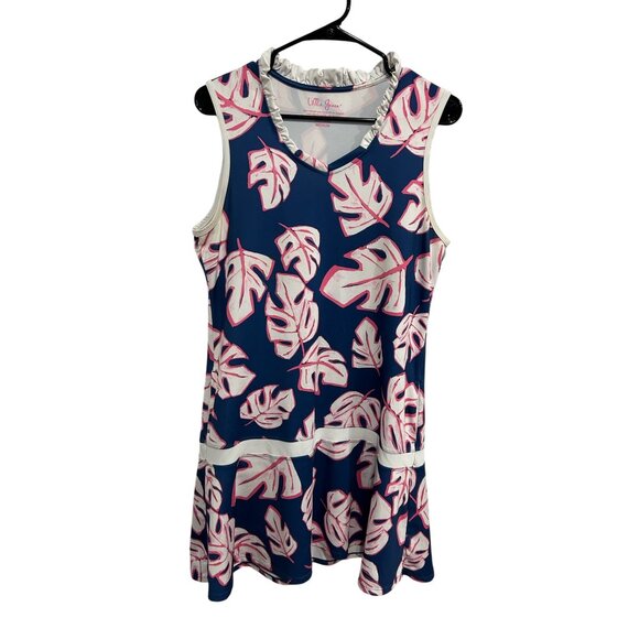 Lillie Green Sleeveless Blue Pink Tropical Leaf Print Peplum Dress Sz Medium - Picture 1 of 10